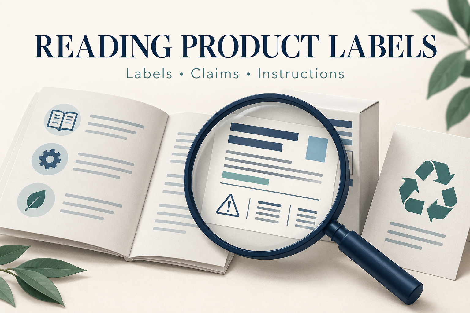 Instruction booklet, magnifying glass and label under Reading Product Labels.