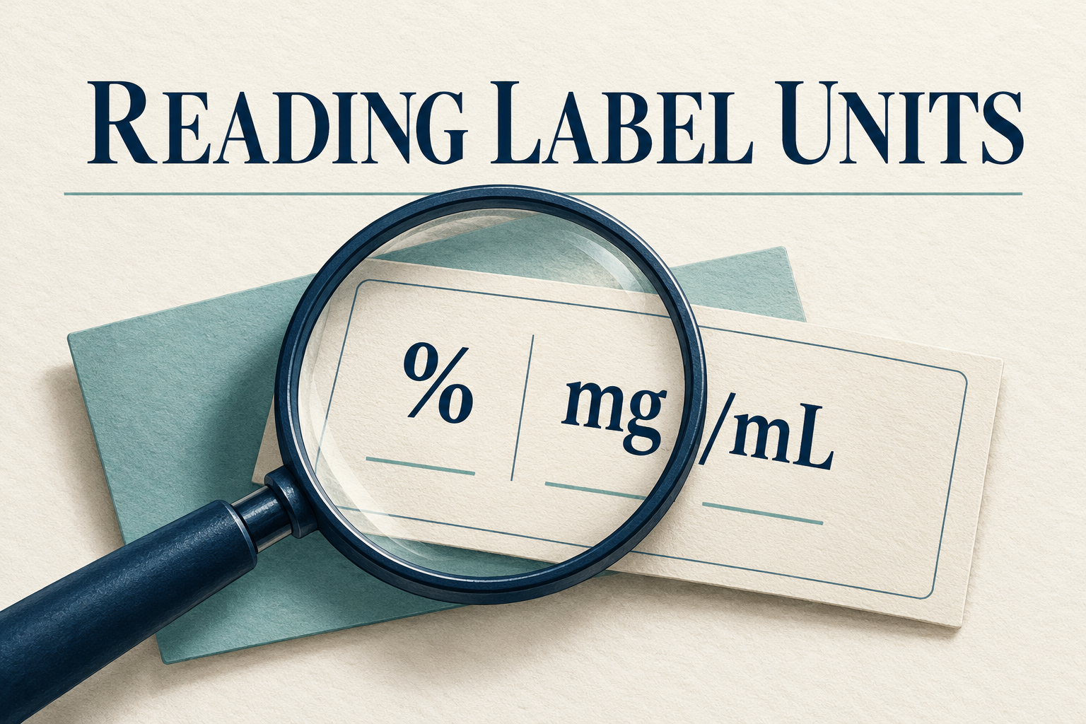 Magnifying glass over percentage and milligrams-per-millilitre label units.