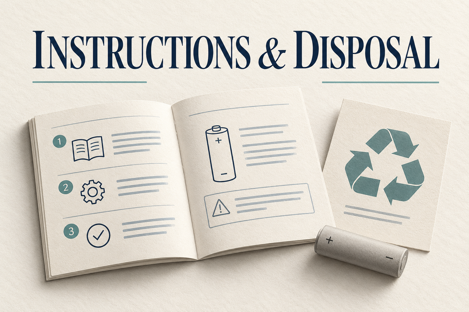 Instruction booklet, battery and recycling illustration.
