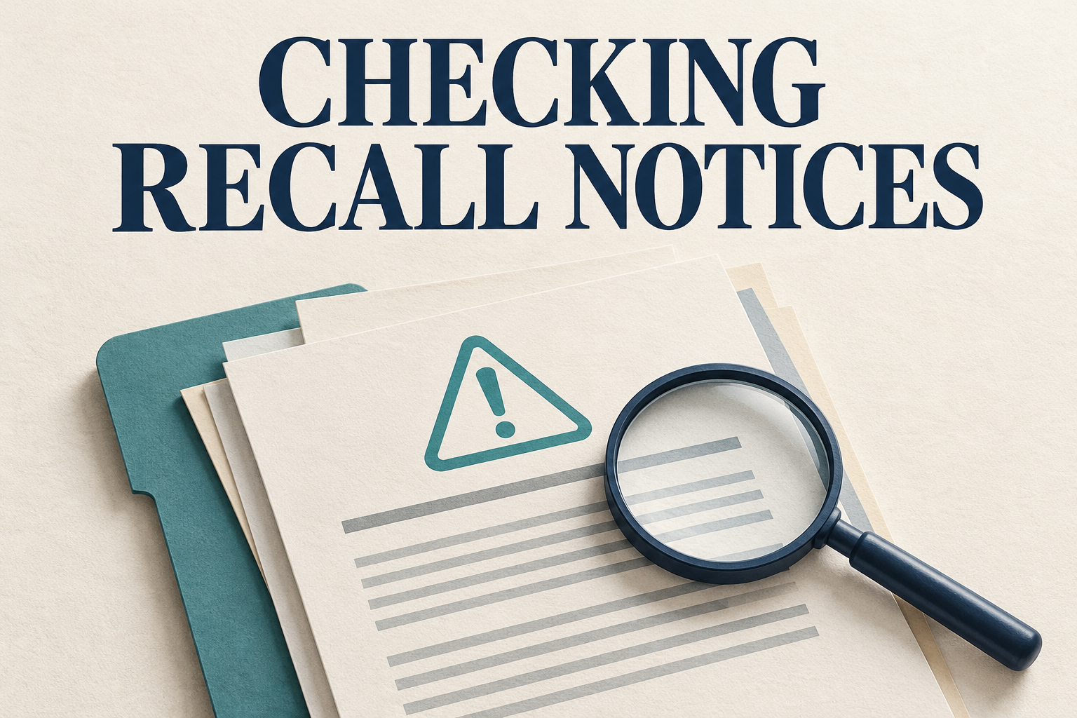 Magnifying glass examining a recall notice with a warning symbol.