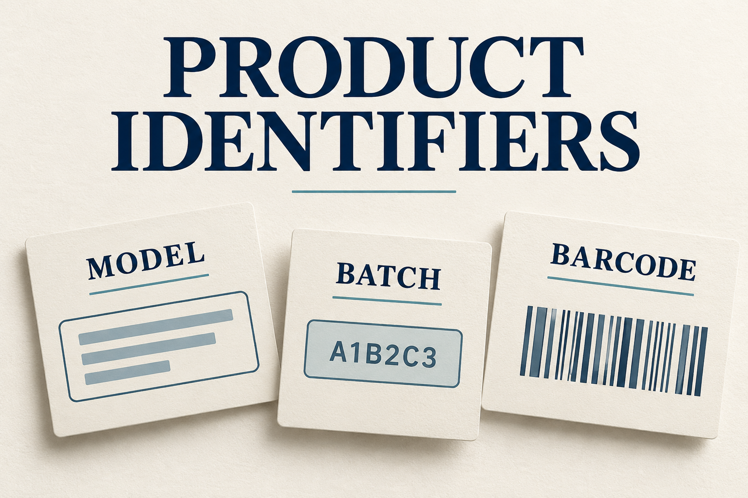 Illustrative cards labelled Model, Batch and Barcode.