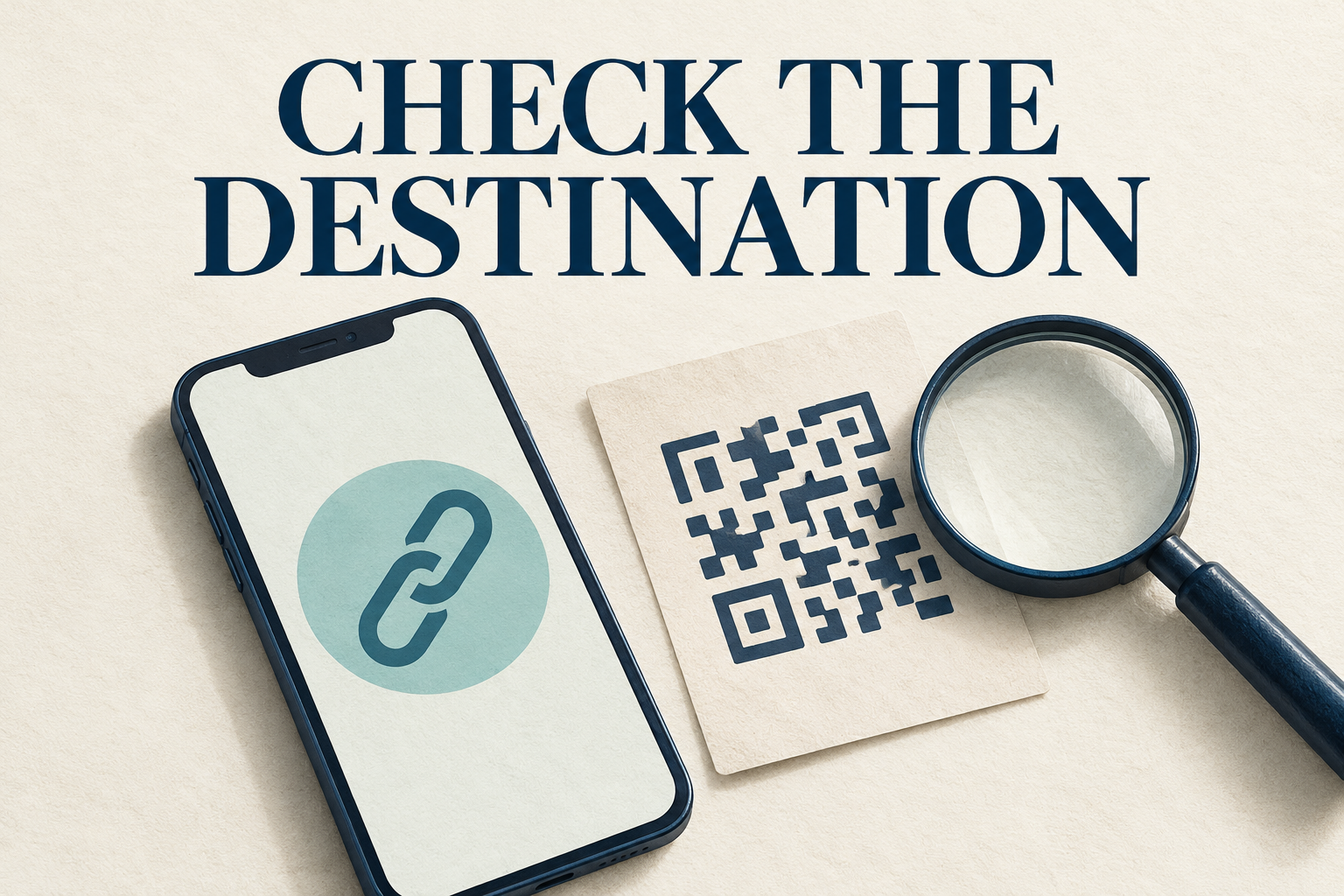 Phone displaying a link symbol beside an illustrative QR pattern.