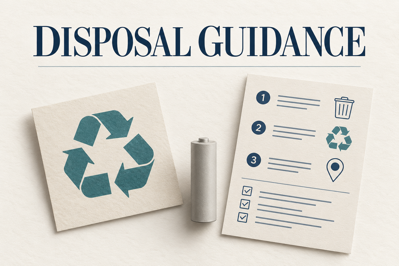 Recycling symbol, battery and collection checklist under Disposal Guidance.