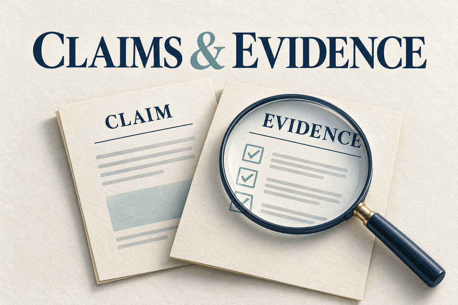 Documents labelled Claim and Evidence beneath a magnifying glass.